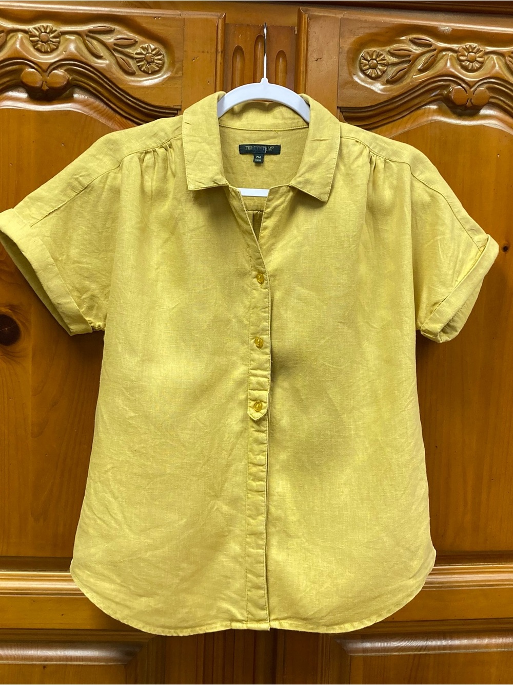 For Cynthia Mustard Yellow 100% Linen Roll Sleeve Button Front Top PM